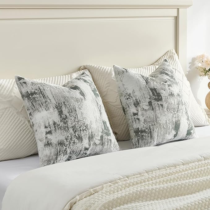 FUTEI Dark Green White Decorative Throw Pillow Covers 26x26 Inch Set of 2,Soft Faux Cashmere Jacquard - Textured & Cozy Euro Pillow Shams,Modern Home Decor for Couch Bed Living Room