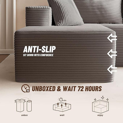 107" Boneless Couch with Deep Seat, Modular Sectional Sofa, Cloud Sectional Couch for Living Room, No Assembly Required, Corduroy, U-Shape 3 Seater Right, Gray
