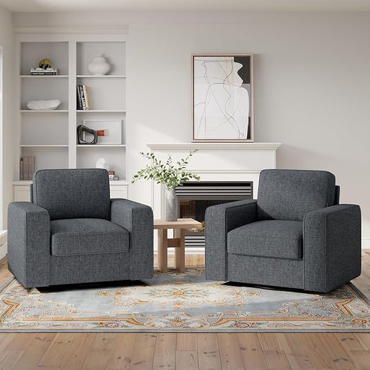 360 Degree Rotation Swivel Accent Sofa Chairs Set of 2, 36'' Width Oversized Armchairs Linen Living Room, Reading-Dark Gray