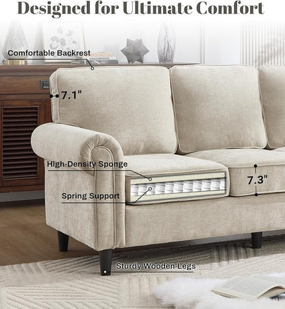 Kingfun 3 Seater Couch, Mid Century Modern Sofa with Rolled Arms and Deep Seats, Fluffy Comfort for Living Room, Apartment, Easy Assembly, Khaki