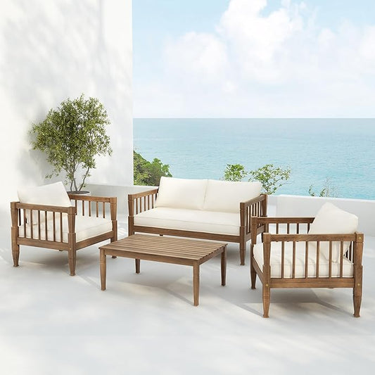 Scott Living Darla 4 Piece Outdoor Rustic Acacia Wood Seating Set, 4 Seater Conversation Set, Acacia Wood Loveseat and Club Chairs, Sofa Set with Cushion, Retangular Coffee Table, Light Gray+Beige
