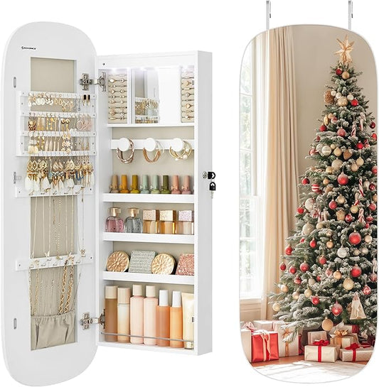 SONGMICS Jewelry Organizer, LED Jewelry Cabinet Wall/Door Mounted, Lockable Rounded Wide Mirror with Storage, Christmas Gift 3.9 x 16.5 x 42.5 Inches, White Surface with Greige Lining