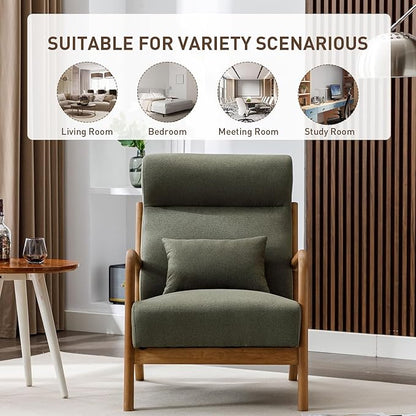 ANJHOME Mid Century Modern Accent Chair with High Back, Single Lounge Armchair with Solid Wood Frame, Comfy Reading Chair for Living Room, Easy Assembly