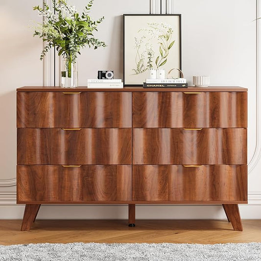 6 Drawer Dresser, Modern Fluted Storage Dresser with Deep Drawers and Metal Handles, Wood Chest of Drawers Storage Organizer for Bedroom, Living Room, Hallway (Walnut)