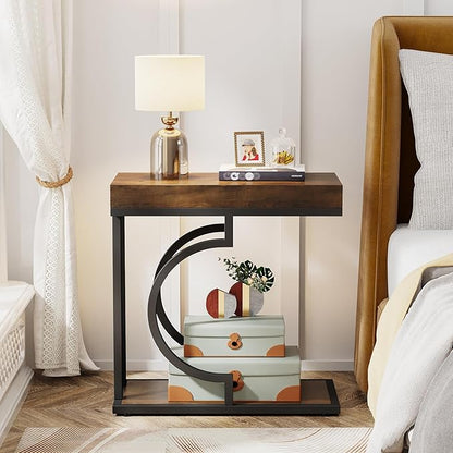 Tribesigns Narrow Side Table Brown Black C Shaped End Table Modern Bedside Tables for Couch, Small Sofa Tables with Metal Frame for Living Room (1, Brown+Black)