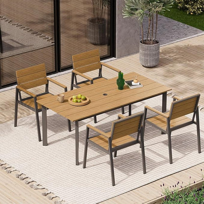 67" Rectangle HDPS Patio Dining Table, Aluminum Outdoor Patio Dining Table with Umbrella Hole, Weather-Resistant for Lawn, Garden, Yard, Poolside and Indoor Use, Gray & Teak
