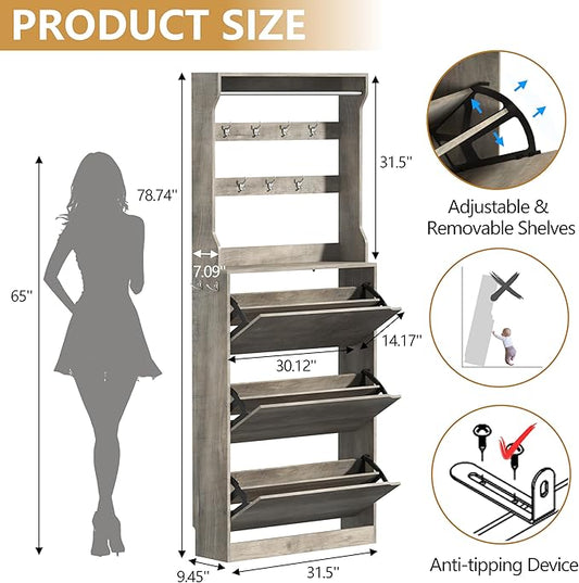 Tall Shoe Cabinet with Coat Rack, Hidden Shoe Storage Cabinet with Doors & Drawer, Hanging Bar & Hooks, Slim Narrow Freestanding Shoe Rack Organizer for Entryway, Hallway & Living Room, Grey