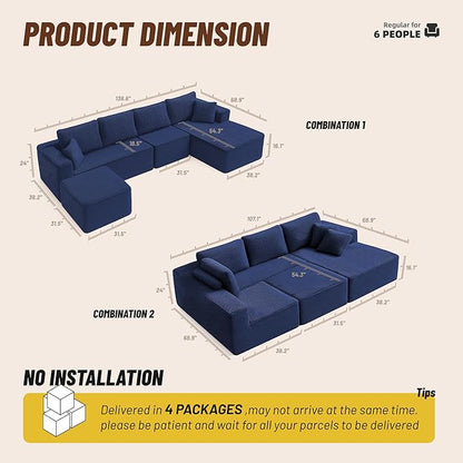 138" Boneless Couch with Deep Seat, Modular Sectional Sofa, Cloud Sectional Couch for Living Room, No Assembly Required, Corduroy, U-Shape 4 Seater Right, Blue