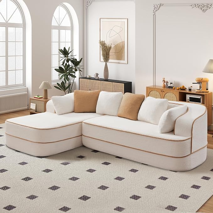 Cloud Sectional Sofa Modern Boneless Couch for Living Room, Comfy Deep Seat Comfy Teddy Fabric Double Sofa Chaise No Assembly Required (White, 106" L Shape with Left Facing)