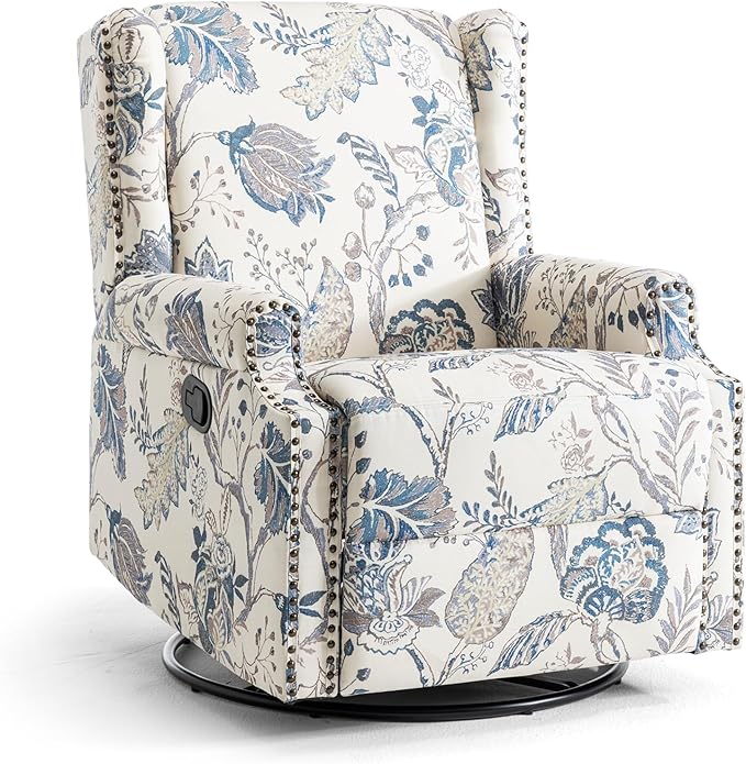 UIXE Swivel Rocker Manual Recliner Chairs Set of 2, Wingback Swivel Glider Fabric Nursery Reclining Sofa Chair, High Back Upholstered Arm Chair for Living Room Bedroom - Blue Plants