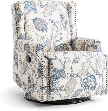 UIXE Swivel Rocker Manual Recliner Chairs Set of 2, Wingback Swivel Glider Fabric Nursery Reclining Sofa Chair, High Back Upholstered Arm Chair for Living Room Bedroom - Blue Plants