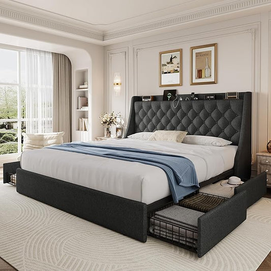 King Size Upholstered Platform Bed Frame with 4 Storage Drawers and Charging Station, Linen Button Tufted Wingback Headboard, Sturdy Wooden Support Slats, No Box Spring Needed, Dark Grey
