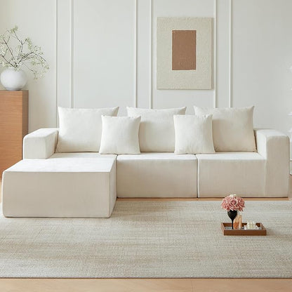 101" Cloud Couch for Bedroom,Boneless Couch with Oversized Chaise,4-Seat Chenille Deep Seat Sofa with 5-Pillows for Living Room,Corduroy Sofa in A Box,Beige