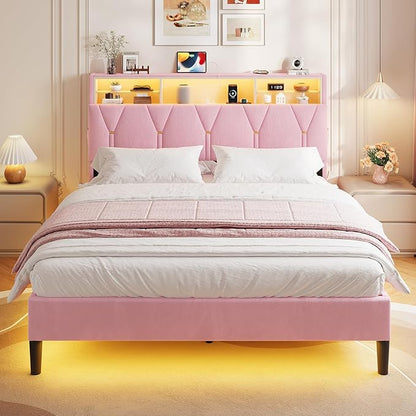 Queen Bed Frame with Storage Headboard,Power Outlet, Modern Velvet Upholstered Platform Bed LED Bed Frame with 5 Storage Shelves, No Box Spring Needed, Pink