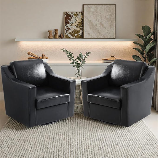 Pia Ricco Set of 2: Modern Oversized Faux Leather Swivel Accent Chairs w/Removable Covers for Living Room, Reception Value Pack,Black