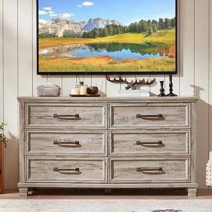 Farmhouse Bedroom Dresser and Nightstand Set of 4, 6 Drawer Low & 5 Drawers Dresser & 2 Drawer Nightstand Set, Rustic Wood Bedroom Furniture Set for Livingroom, Hallway, Grey