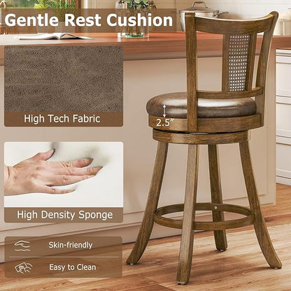 COSTWAY Counter Height Barstools Set of 4, 25” Solid Rubber Wood Swivel Counter Chairs with Faux Leather Seat, Curved PE Rattan Back, for Living Room & Kitchen Island, Brown (4, 25” Seat Height)