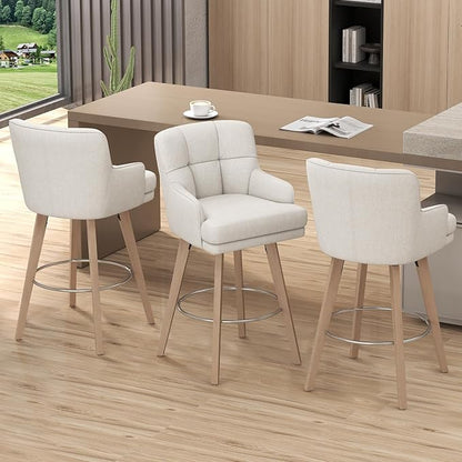 360°Swivel Counter Height Bar Stools with Back, 30 inch Solid Wood Legs, Bar Stool Modern Kitchen Island Chairs, Fabric (Beige- Fabric, 30" H- Set of 2)