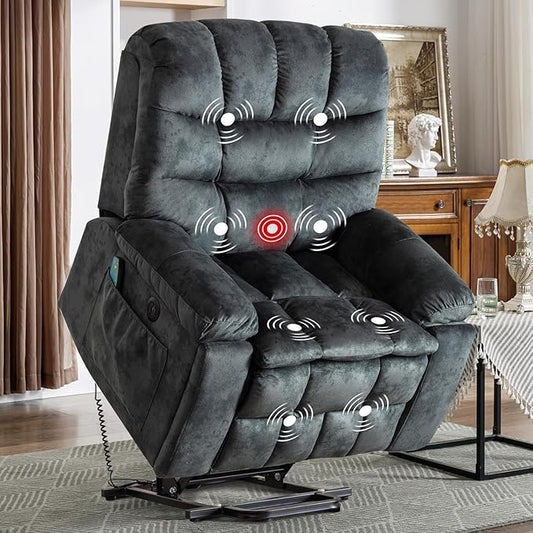 CANMOV Large Power Lift Recliner Chairs with Massage and Heat for Elderly, Heavy Duty and Safety Motion Reclining Mechanism Electric Wide Recliners with USB Ports, 2 Concealed Cup Holders (Grey Green)