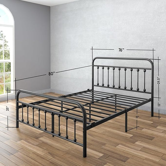 Golden Gate Beds Vintage Style King Size Metal Bed Frame with Wrought Iron Headboard and Footboard – Classic Platform Bed with 11" Storage Space, No Box Spring Required, Black Finish