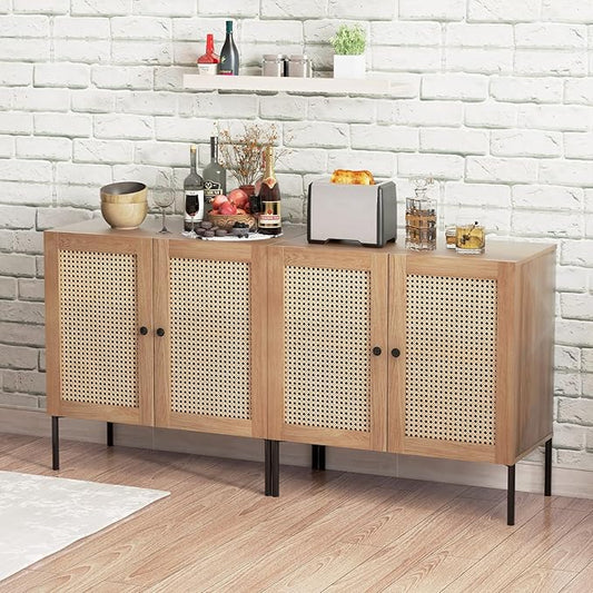 COSTWAY Buffet Cabinet with Storage, Storage Sideboard with Rattan Decorated Doors, Adjustable Shelf, Metal Legs, Accent Cabinet, Buffet Table Credenza for Hallway, Entryway, Living Room (2, Oak)