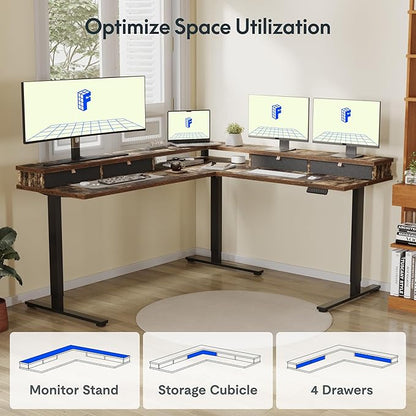 FLEXISPOT 71'' L Shaped Standing Desk Electric Corner Table with Shelf, 4 Storage Drawers, Adjustable Computer Workstation for Home, Office, Game, Studio, Rustic Brown Top + Black Frame
