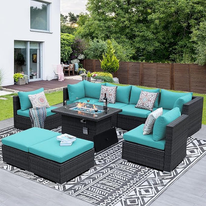 NICESOUL Big Size 9 Piece Patio Furniture Set with Fire Pit Natural Gas & Propane, 29.3'' High Back Comfy Outdoor Rattan Conversations, Wide Seats Couches for Outside, 2 Color Cushions Teal & Gray
