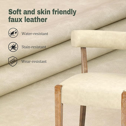 Modern Dining Chairs Set of 2, Faux Leather Upholstered Kitchen & Dining Room Chairs, Mid Century Modern Wooden Dining Chairs Oversized Sturdy Rounded Chairs Curved Back, Beige