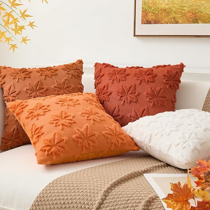 Kevin Textile Maple Leaf Pillow Covers 18x18 Inch Set of 2 Fallen Leaves Embroidery Decor Soft Plush Faux Fur Throw Pillows Pillowcases for Holiday Harvest Decor Sofa Couch Bedroom, Orange
