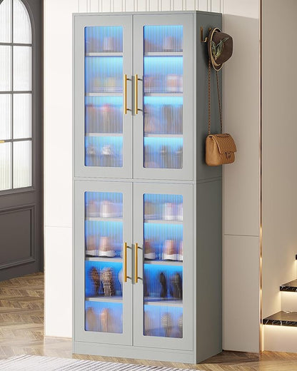 Tribesigns Tall Shoe Cabinet with Acrylic Doors and LED Lights, 8-Tier Entryway Shoe Organizer Storage Rack with Adjustable Shelves and Hanging Hooks for Narrow Closet, Hallway, Living Room, Gray