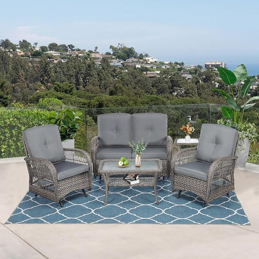 VIVIJASON 5-Piece Outdoor Patio Wicker Conversation Sets, All Weather Outdoor Rattan Furniture Set Includes Glider Loveseat, 2 Coffee Table, 2 Glider Rocker Chairs with Cushions, Grey