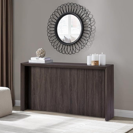Henn&Hart 56'' Wooden Rectangular Fluted Console Table Entryway Table, Sofa Table for Entryway, Living Room, Couch, Hallway, or Office, Alder Brown