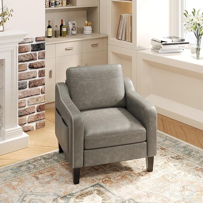 PU Leather Accent Chair Set of 2, Mid-Century Modern Living Room Armchair Sofa with Removable Cushions, Solid Wood Frame & Stitched Armrest Design, Bedroom Chair with Plastic Legs, Grey