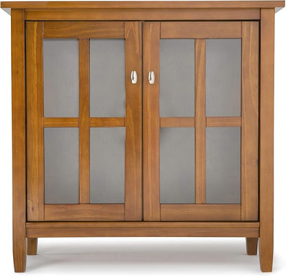 SIMPLIHOME Warm Shaker SOLID WOOD 32 inch Wide Transitional Low Storage Cabinet in Light Golden Brown for the Living Room, Entryway and Family Room