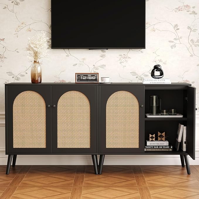 Rattan Storage Cabinet, 2-Door Boho Sideboard in Black, Adjustable Shelf, Elegant Rattan Buffet Cabinet with Storage for Stylish Home Organization 31.5" Black