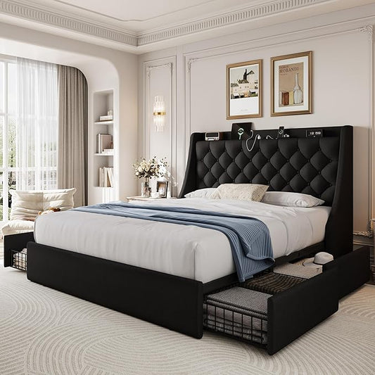 Full Size Upholstered Platform Bed Frame with 4 Storage Drawers and Charging Station, Linen Button Tufted Wingback Headboard, Sturdy Wooden Support Slats, No Box Spring Needed, Black
