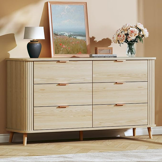 6 Drawers Dresser, Mid Century Modern Dresser for Bedroom, Curved Profile & Fluted Design, Wide Wood Chests of Drawers Storage for Entryway, Hallway, Oak