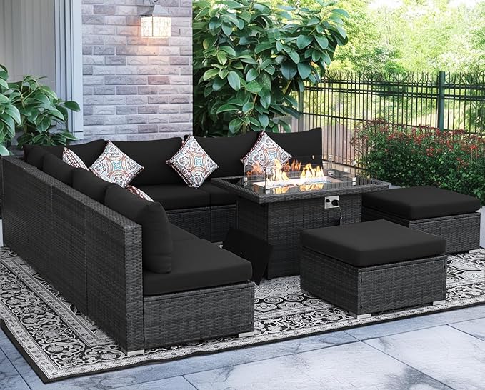 NICESOUL 10 Pcs Outdoor Sectional Set with Natural Gas/Propane Firepit Table, 29.3'' High-Back Patio Furniture Sofa Set, Oversized Rattan Couches for Backyard Garden Lawn, 2 Color Cushion Black & Gray