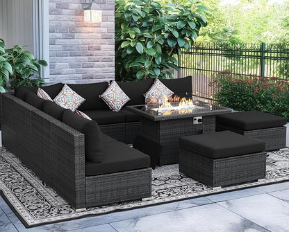 NICESOUL 10 Pcs Outdoor Sectional Set with Natural Gas/Propane Firepit Table, 29.3'' High-Back Patio Furniture Sofa Set, Oversized Rattan Couches for Backyard Garden Lawn, 2 Color Cushion Black & Gray