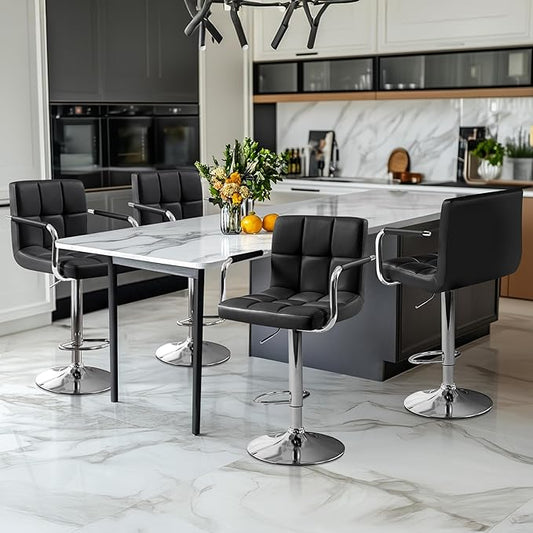 Yaheetech Bart Stools Set of 4, PU Leather Adjustable Barstools with Armrest, Counter Height Stool Chairs with Thickened Seat Cushion for Kitchen Island, Black
