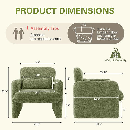 LSSPAID Modern Accent Chairs, Chenille Fabric Armchairs for Living Room, Comfy Upholstered Leisure Single Sofa Chair with Lumbar Pillow for Bedroom, Balcony, Office (Green, Set of 2)