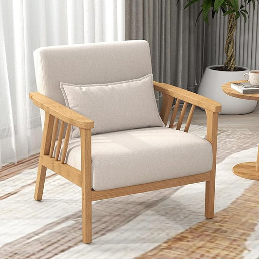 Mid-Century Modern Accent Chair, Linen Armchair and Lounge Chair with Lumbar Pillow, Wide Seat & Solid Wood Frame for Living Room, Bedroom or Balcony（Beige）