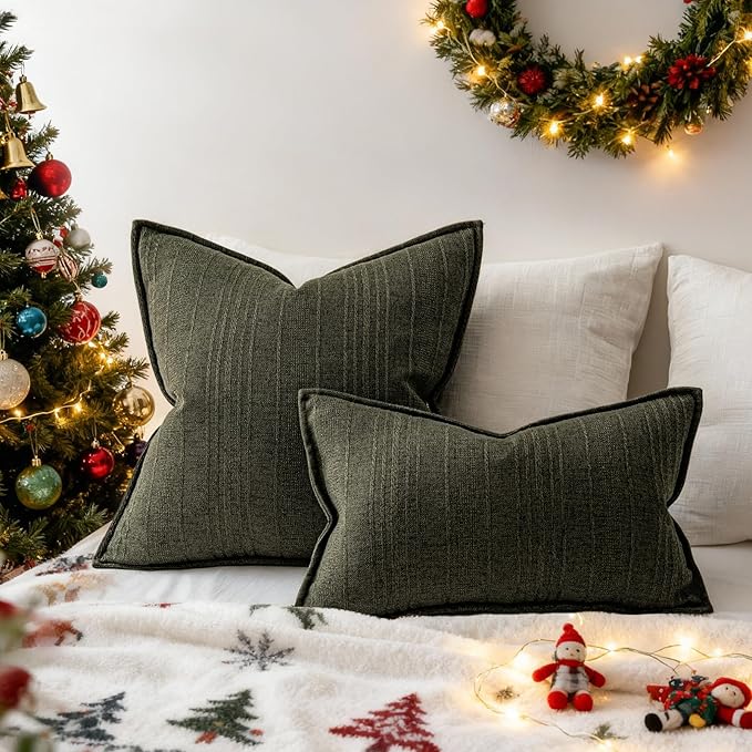 a moment Christmas Linen Pillow Covers Set of 2,Boho Farmhouse Throw Pillowcases Neutral Textured Decorative Covers for Couch Sofa,Soft Linen Blend Accent Case Cushion Home Decor 26"x26"Dark Green