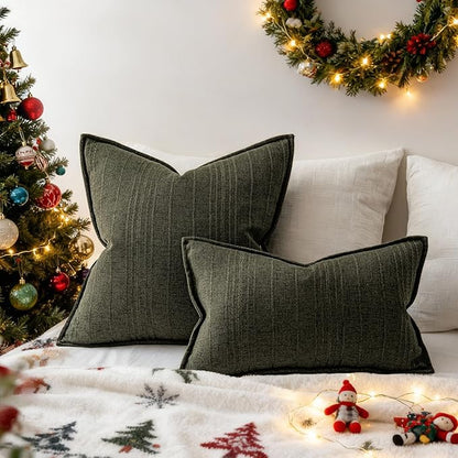 a moment Christmas Linen Pillow Covers Set of 2,Boho Farmhouse Throw Pillowcases Neutral Textured Decorative Covers for Couch Sofa,Soft Linen Blend Accent Case Cushion Home Decor 20"x12"Dark Green