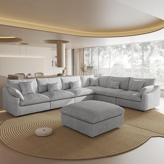 Oversized Modular Sectional Sofa,154inch Cloud Couch Deep Seat Sofa Cushion Covers Removable,LShaped Linen Sectional Couches for Living Room (7 Seater-Gray)