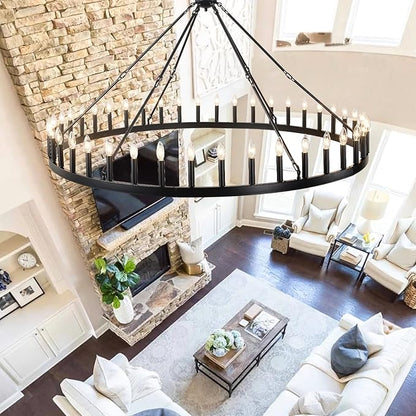64 Inch Extra Large Black Wagon Wheel Chandelier 42-Light Farmhouse Wagon Wheel Chandeliers Round Industrial Ceiling Light fixtures for Outdoor Porch high Ceilings Living Dining Room Foyer Entryway