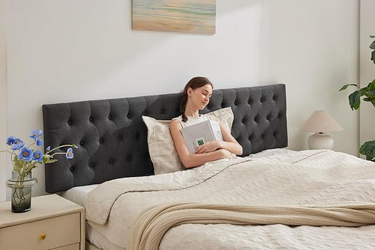 Kingfun Tufted Upholstered Queen Size Bed Headboard in Modern Button Design, Adjustable Solid Wood Head Board, Premium Linen Fabric Padded Headboards in Bedroom (Dark Grey)