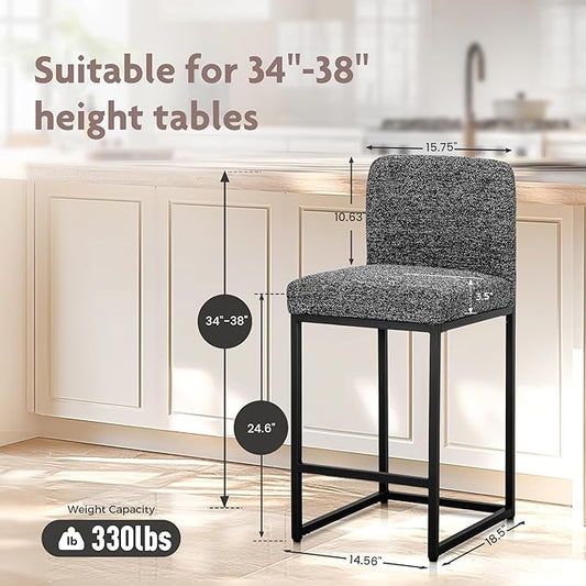 ALPHA HOME 24" Bar Stools Set of 4 Kitchen Counter Stools with Back, Counter Height Stools with Upholstered Footrest for Kitchen Island, Metal Steel Frame, Chenille, Black