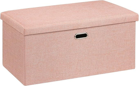 VECELO 30'' Folding Storage Ottoman Bench, End of Bed Linen Fabric Foot Rest Stool with Padded Seat, Large Footstools for Bedroom, Living Room, Load 550 lb, Pink