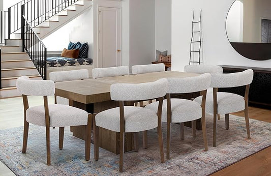 Modern Dining Chairs Set of 8, Walnut Upholstered Kitchen & Dining Room Chairs, Mid Century Modern Wooden Dining Chairs Oversized Sturdy Rounded Chairs Curved Back, Beige Fabric